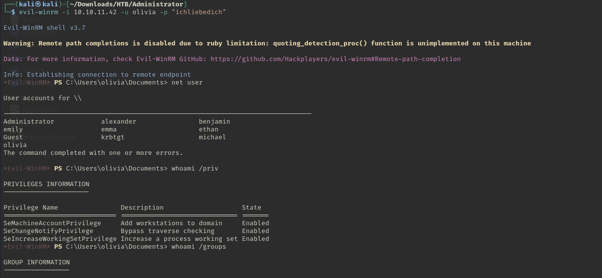 Winrm Login for User Olivia